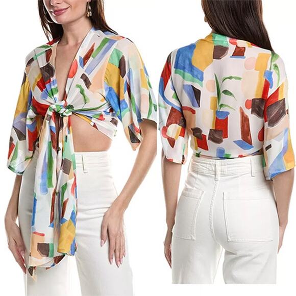 NEW Just Bee Queen Hana Front Tie Half Sleeve White Multicolor Print Cropped Top - Picture 1 of 7